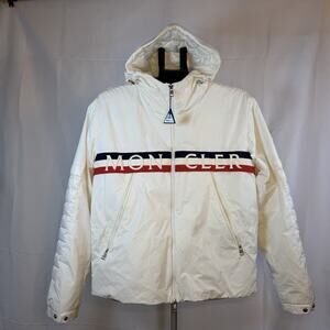 Moncler Olargues Giubbotto White Down Jacket Size 2 Men’s Hooded Logo Stripe